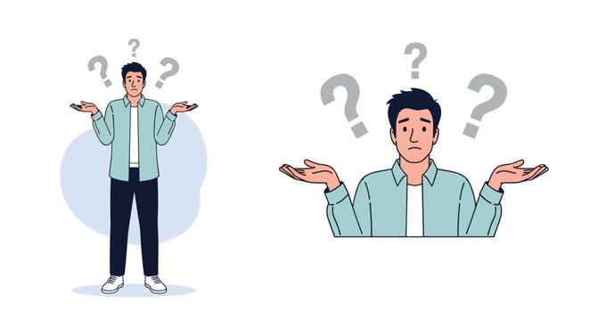 Confused man shrugging shoulders surrounded by question marks illustrating uncertainty and doubt