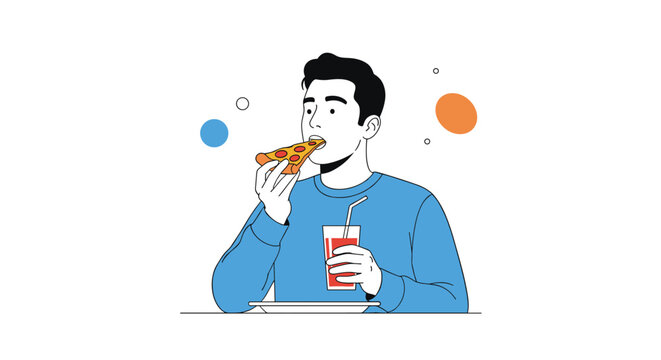 Man enjoying delicious pizza slice and refreshing drink sitting at table with colorful bubbles floating around