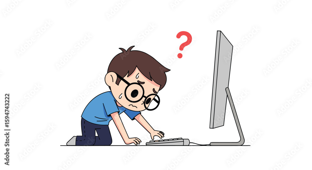 Fototapete frustrated person with glasses trying to use a computer keyboard and screen with a question mark abo