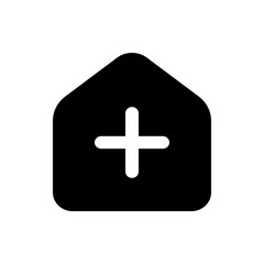Fototapeta premium A simple black house shaped icon with rounded corners and a white plus sign in the center of the house shape