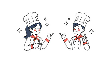 Two cheerful chefs in uniforms pointing towards each other with sparkles illustrating their culinary skills and joy