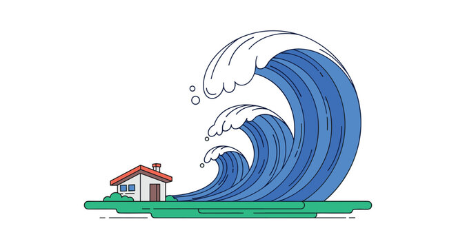 Massive ocean waves approaching a small house illustration capturing nature's immense power and potential destruction