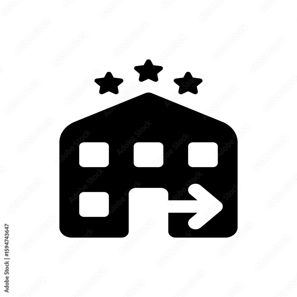 Poster hotel building with three stars above and an arrow pointing to the right indicating direction for en