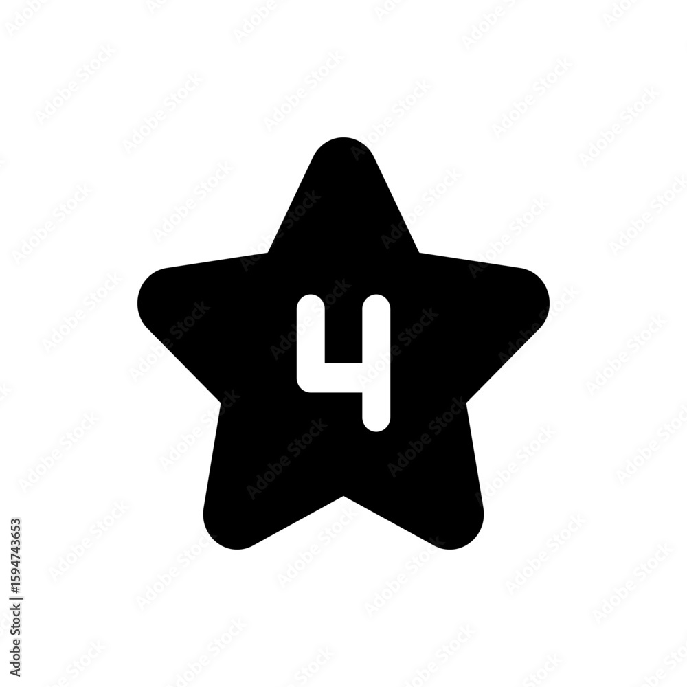 Poster black star shape with rounded edges and a white number four centered inside the star on a white back