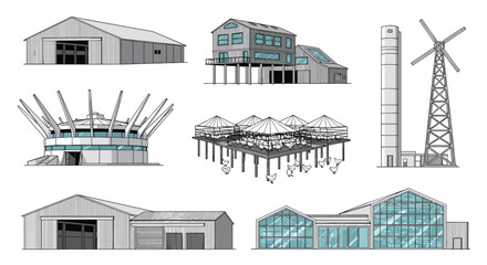 Naklejka premium Diverse architectural structures showcasing various building designs and construction styles