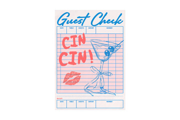 Trendy guest check with a cocktail illustration and the celebratory phrase cin cin isolated on transparent background