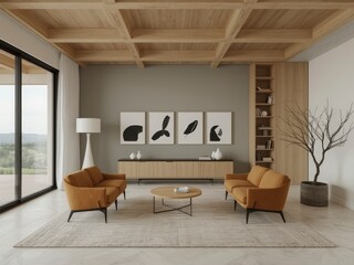 Spacious modern living room interior with orange sofas, a wooden coffered ceiling, abstract art, and a large window with a landscape view.