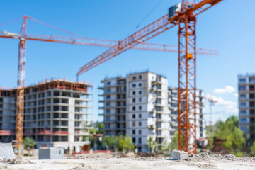 Construction site cranes and buildings under development create vibrant urban landscape
