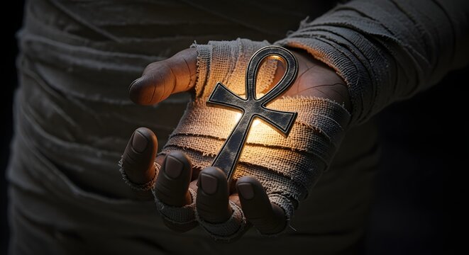 Hand Holding Metal Anchor Symbol in Darkness with Warm Light Focus
