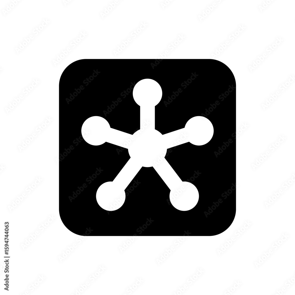Poster illustration of a white five pointed star connected by lines within a black rounded square shape des