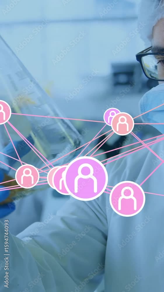 Poster examining liquid, scientist in lab with network connections animation overlay