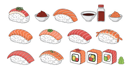 Delicious assortment of fresh japanese nigiri maki and sashimi dishes representing culinary artistry