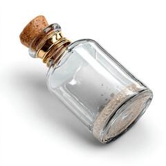 Clear glass bottle with cork stopper and gold band