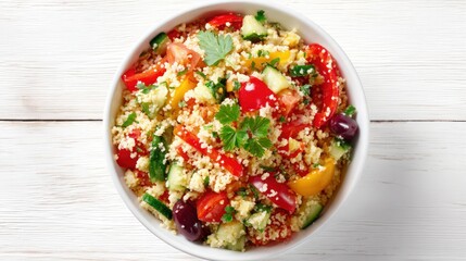 couscous salad with vegetables and herbs, Moroccan dish, top-down view, white background