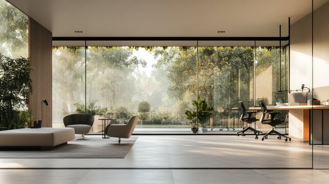 A modern office space showcases a bright interior with large windows offering scenic outdoor views, complemented by stylish furniture and a minimalist design aesthetic.
