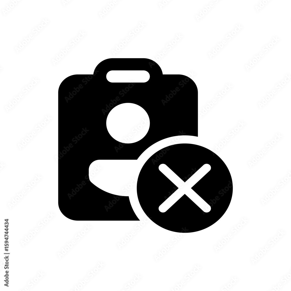 Poster black and white icon showing a user profile on a card with a delete or remove symbol overlaying the 