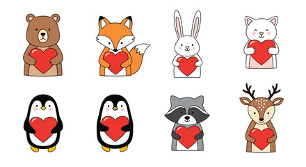 Fototapeta premium Adorable woodland creatures holding big red hearts for valentine's day celebration love and friendship