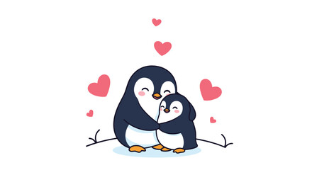 Fototapeta premium Adorable penguin family love hugging in winter surroundings with floating hearts illustrating pure affection