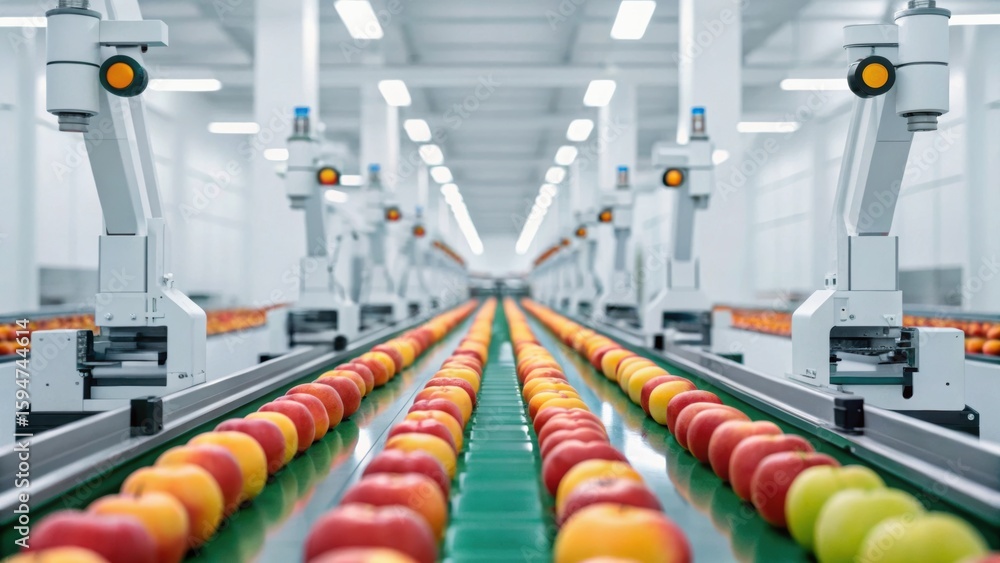 Poster automated sorting of colorful apples on a conveyor belt in a modern facility, showcasing advanced te