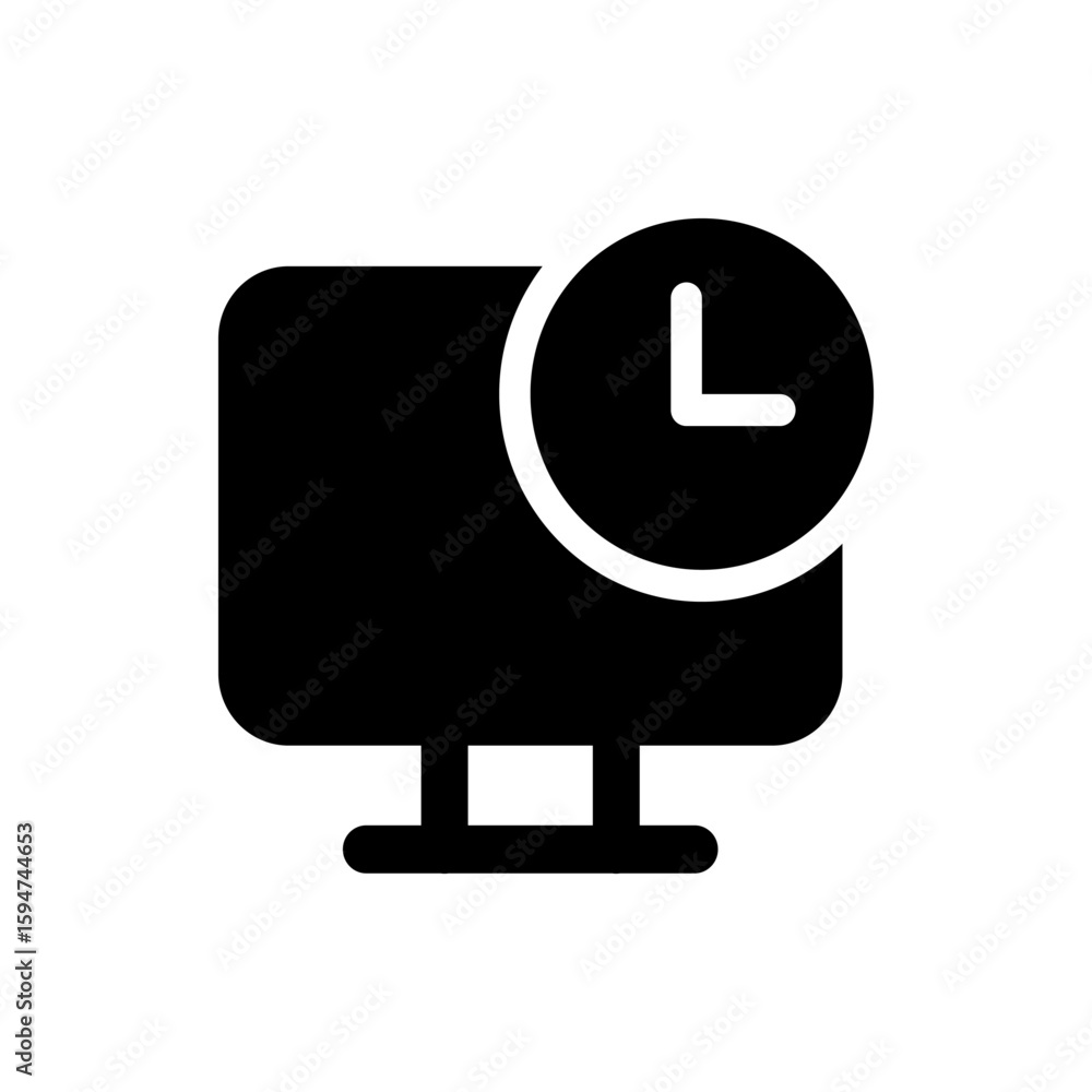 Poster black silhouette of a computer monitor with a clock icon overlayed on the top right corner of the sc
