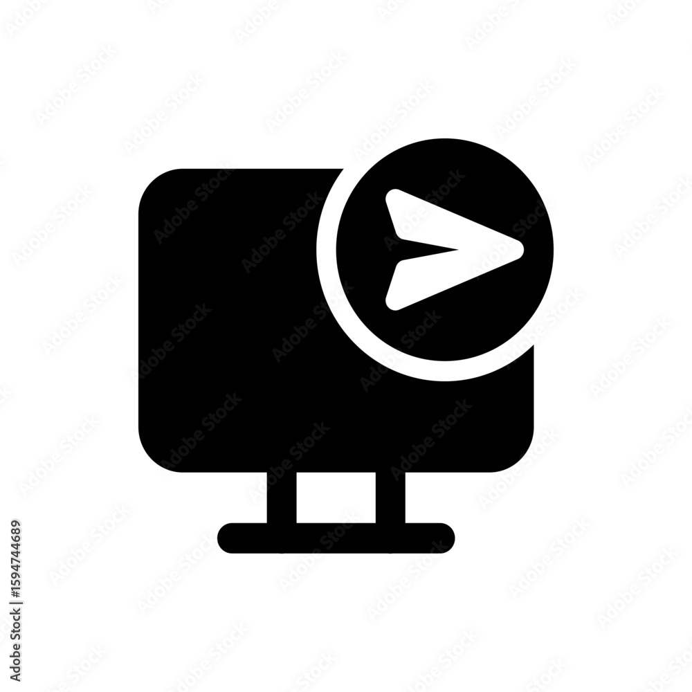 Poster black computer monitor with a send message icon in a white circle overlaid on the screen display are