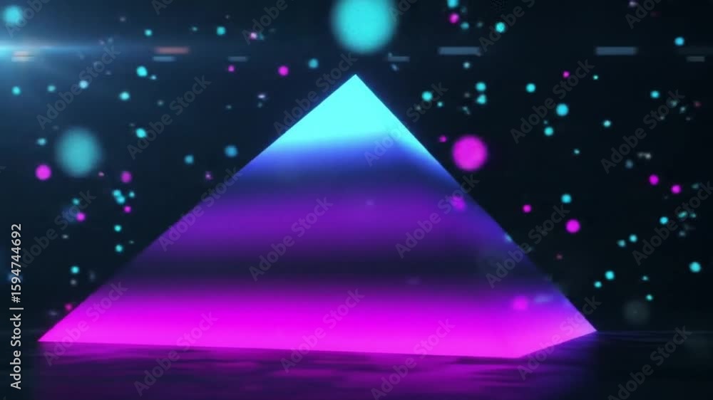 Poster glowing triangle with blue and purple gradient in a dark space with colorful bokeh lights around