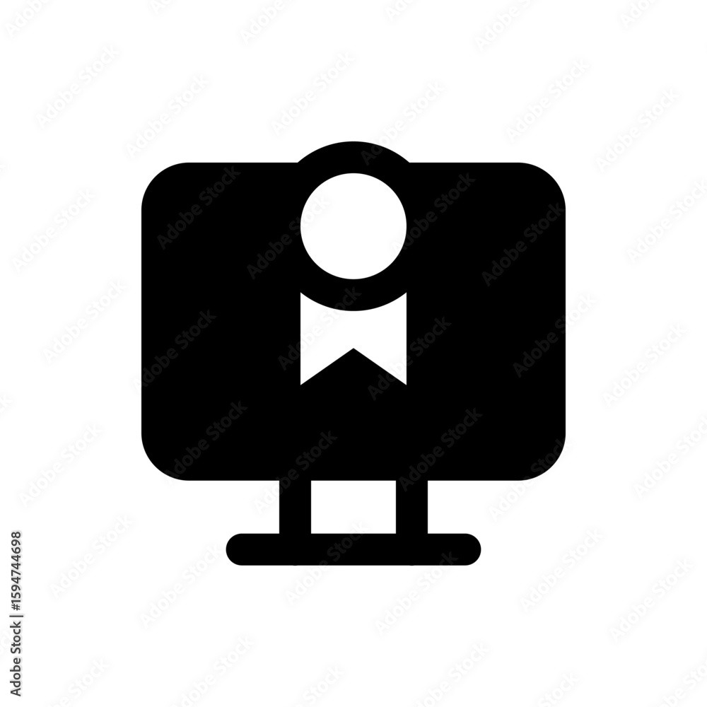 Poster black computer monitor icon with a white circle and ribbon design displaying on the screen clearly v
