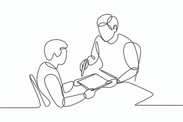 One line drawing of a teacher helping a student with a tablet