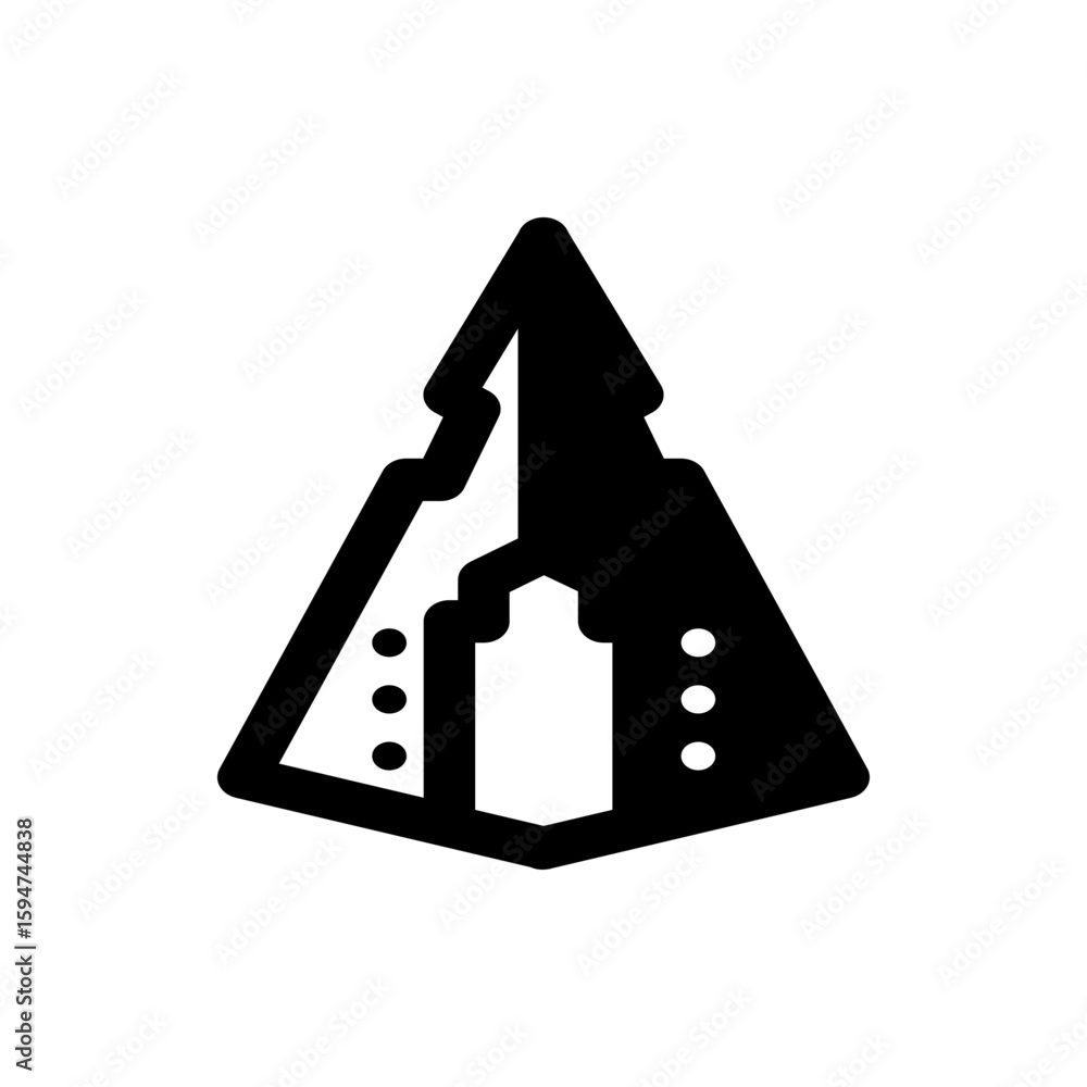 Poster abstract black and white triangular shape with a vertical rectangular cut out and three dots on each