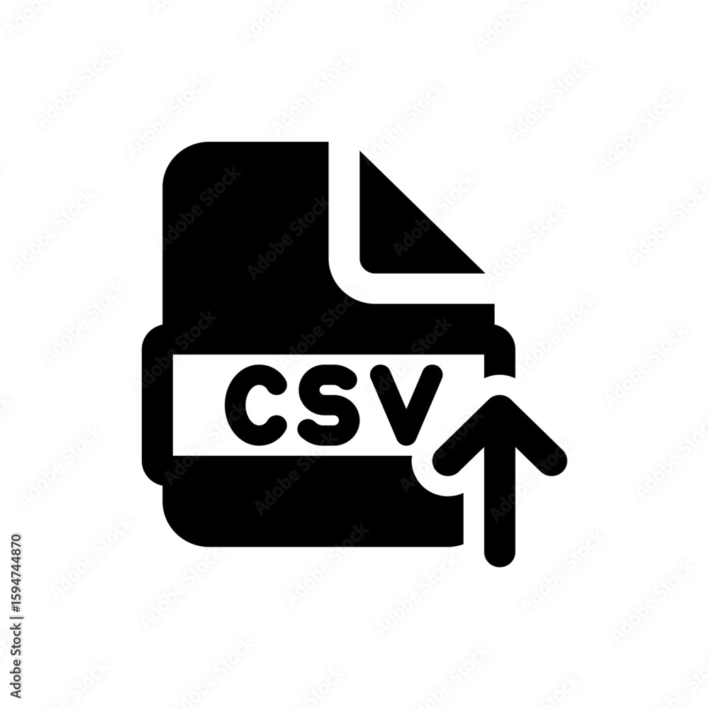 Poster illustration of a csv file with an upward pointing arrow indicating an upload function or action pro