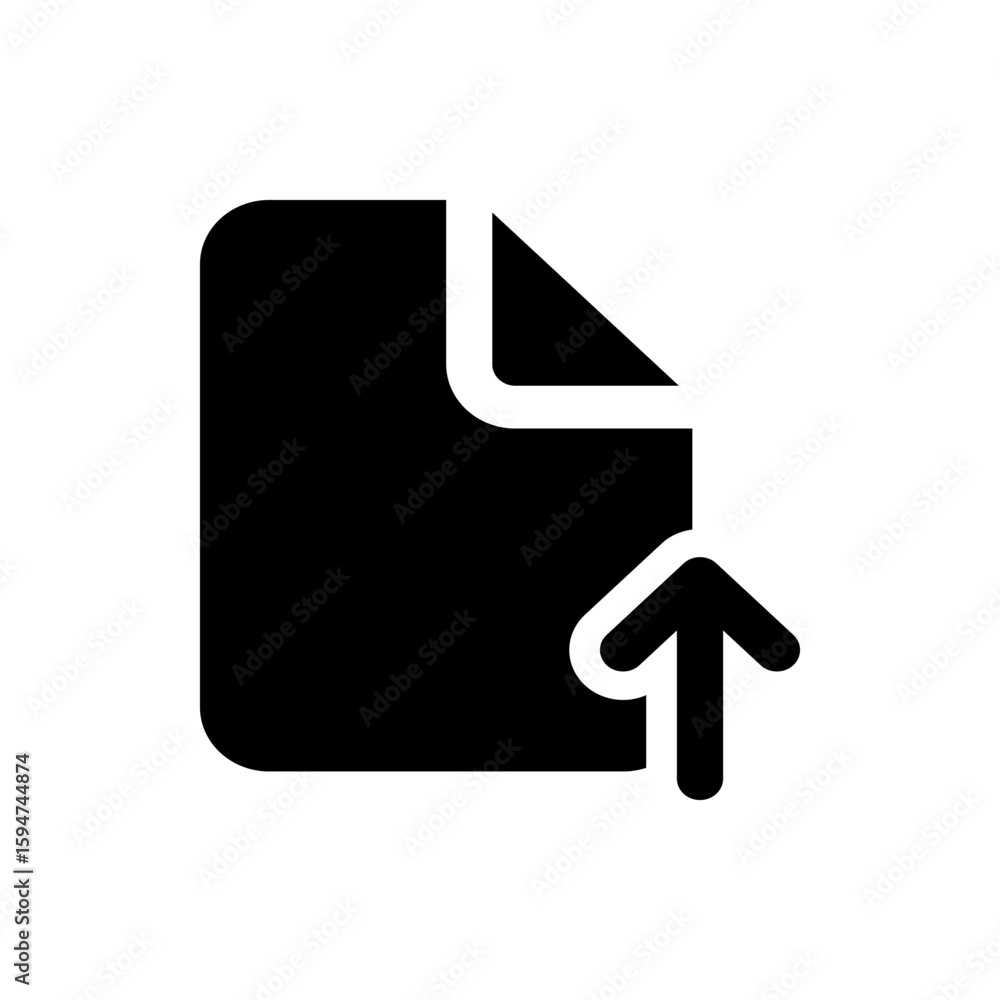 Poster black and white icon depicting a document with a folded corner and an upward pointing arrow symbol i