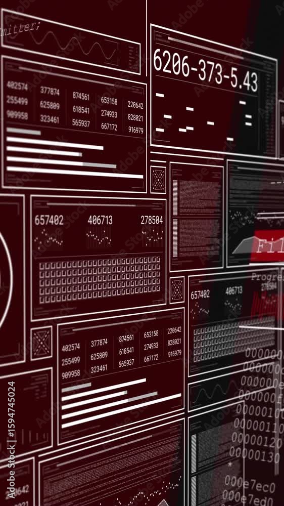 Poster Processing digital encryption data with complex codes and graphs in red tones