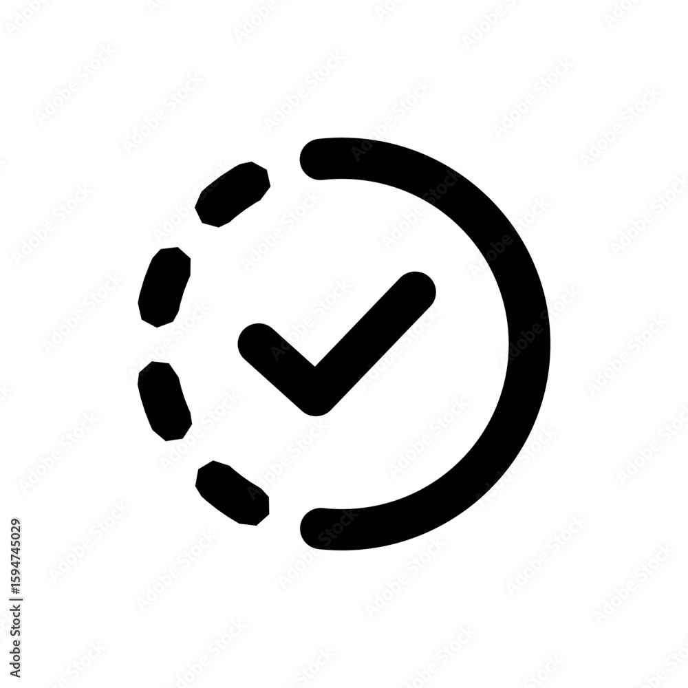 Poster black checkmark inside a partial circle with dotted lines indicating progress or completion process 