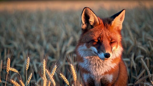 Red fox with sharp gaze sits amidst golden wheat field embodying alertness wild beauty curiosity solitude survival adaptation focus expression connected to nature