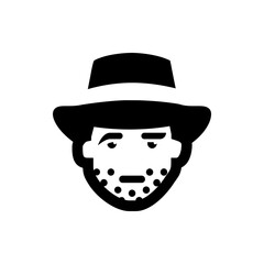 Illustration of a man's face with a hat and beard represented in a minimalist black and white style