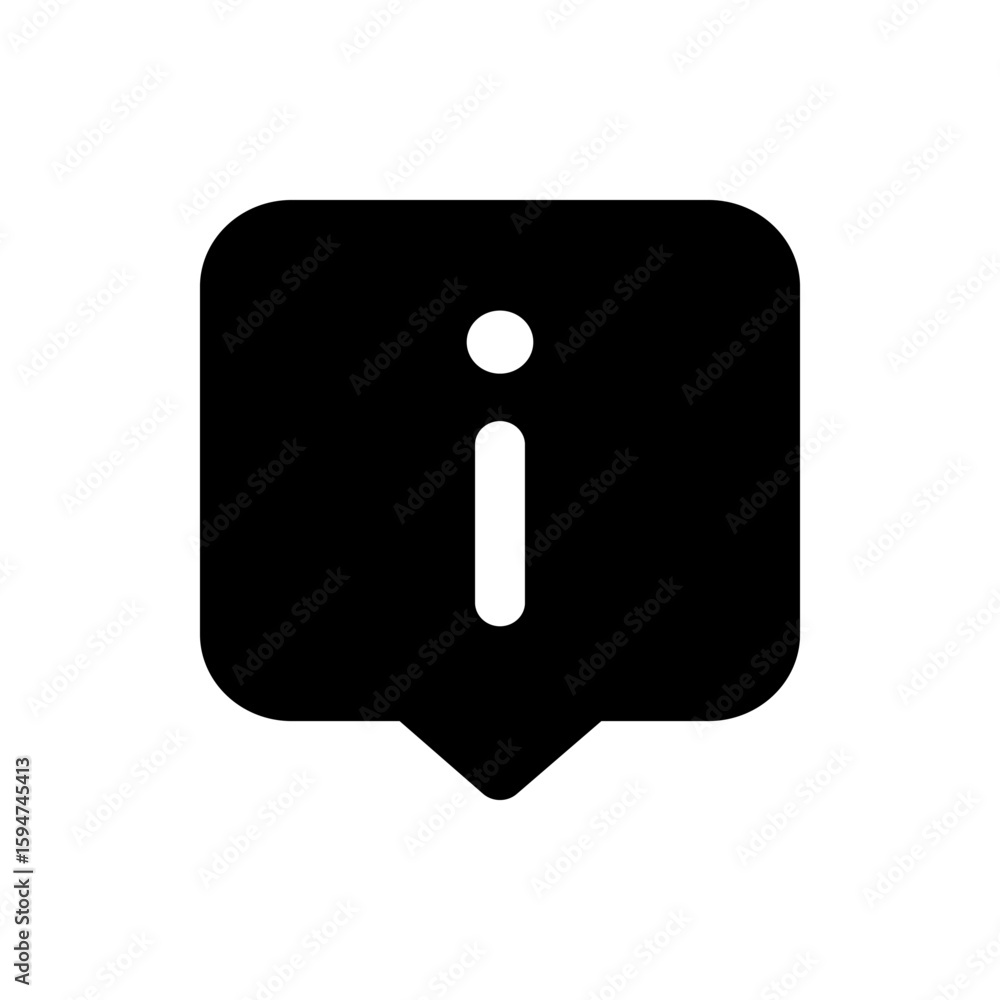 Poster black information icon in a speech bubble shape with rounded corners and a downward pointing arrow t