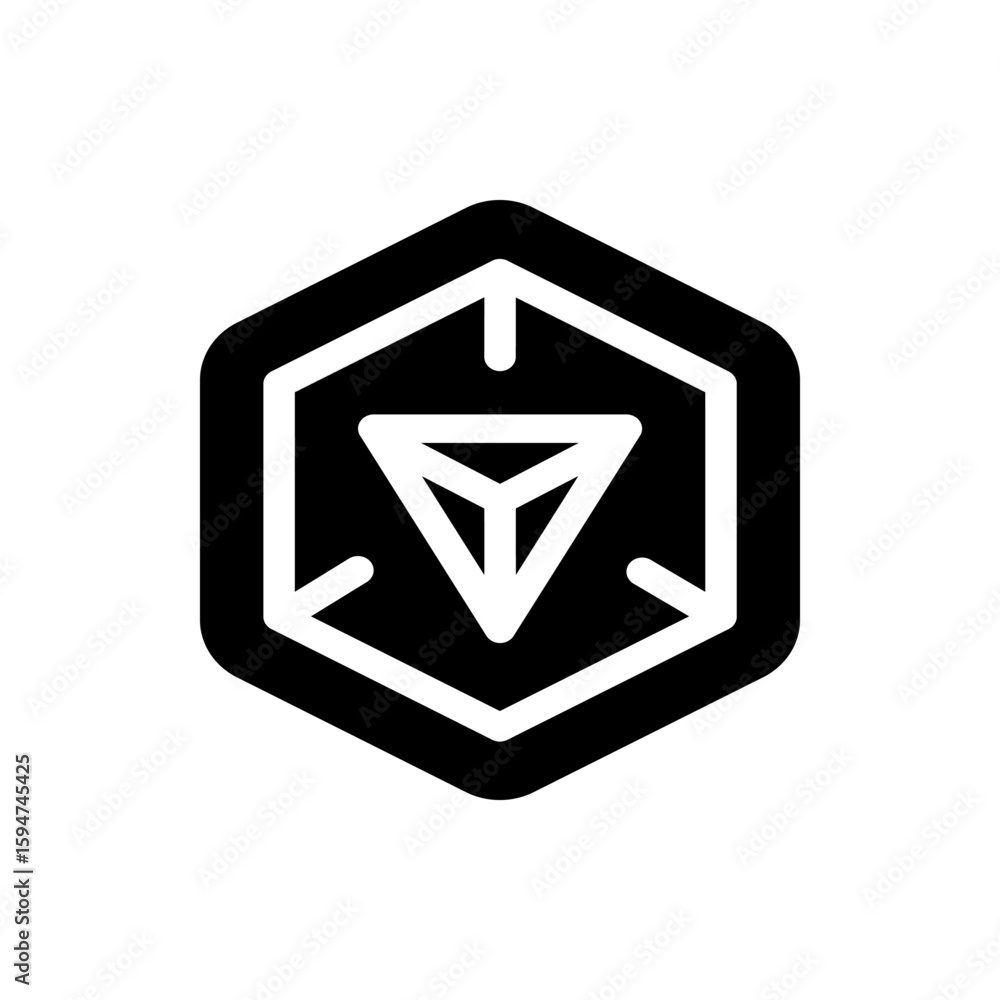 Poster black hexagon with white outline containing a smaller white triangle inside with white lines inside 