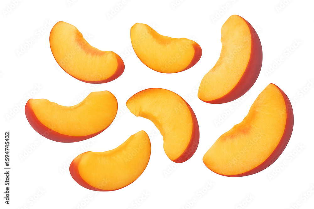 Poster seven fresh peach slices floating on a transparent background, creating a vibrant and juicy image pe