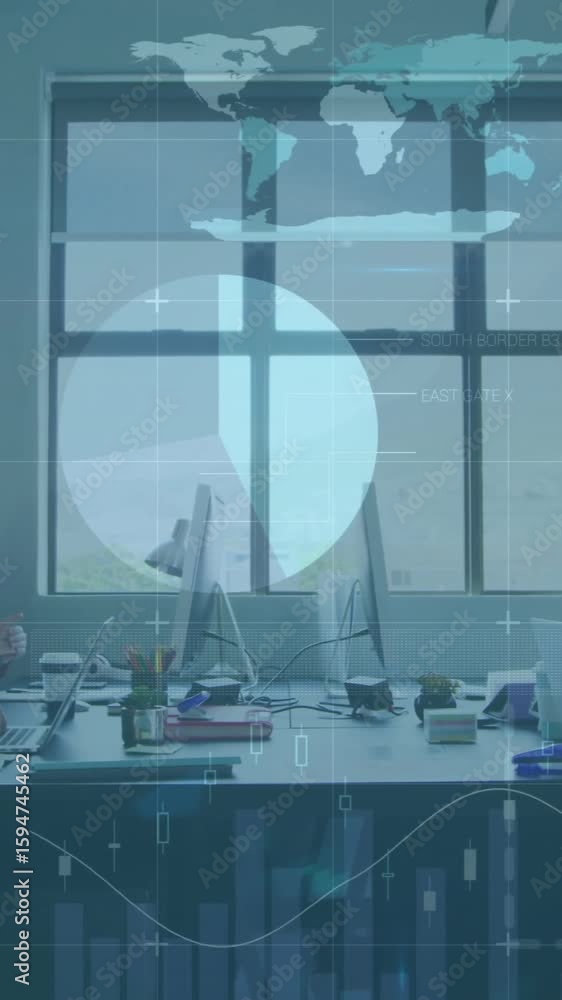 Poster business team working at office with data analytics animation overlay