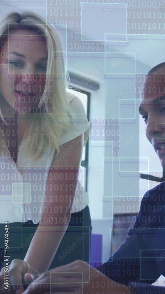 Poster business professionals working on laptop with digital binary code overlay animation