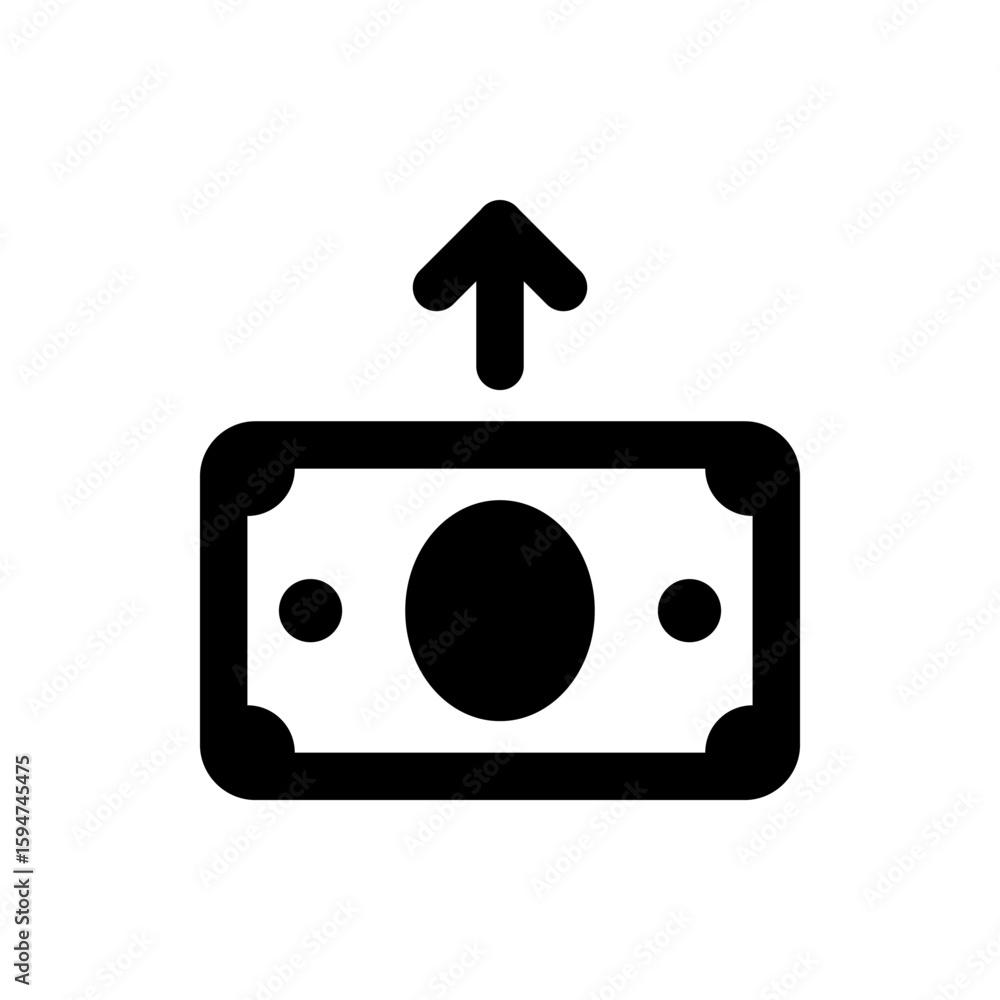 Poster black and white icon of a rectangular money bill with an arrow pointing upwards in a simple design s