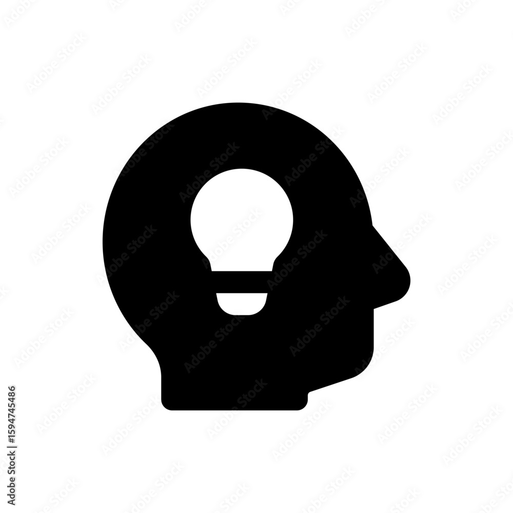 Poster silhouette of a head with a lightbulb inside representing ideas and innovation on a white background