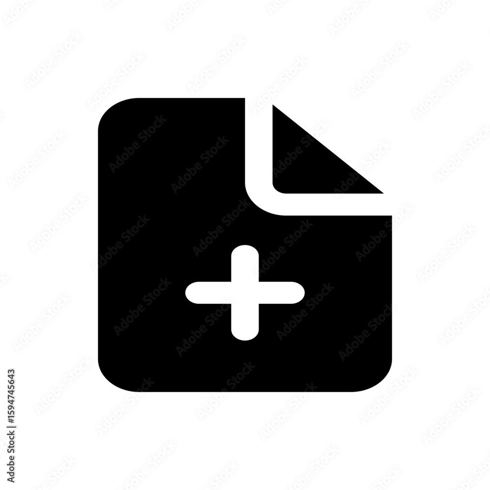 Poster black document icon with folded corner and plus sign indicating adding a new file or document creati
