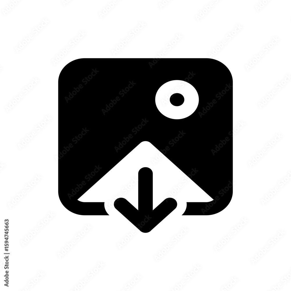 Poster black rounded square with a white circle and a white arrow pointing down, centered in the square sha