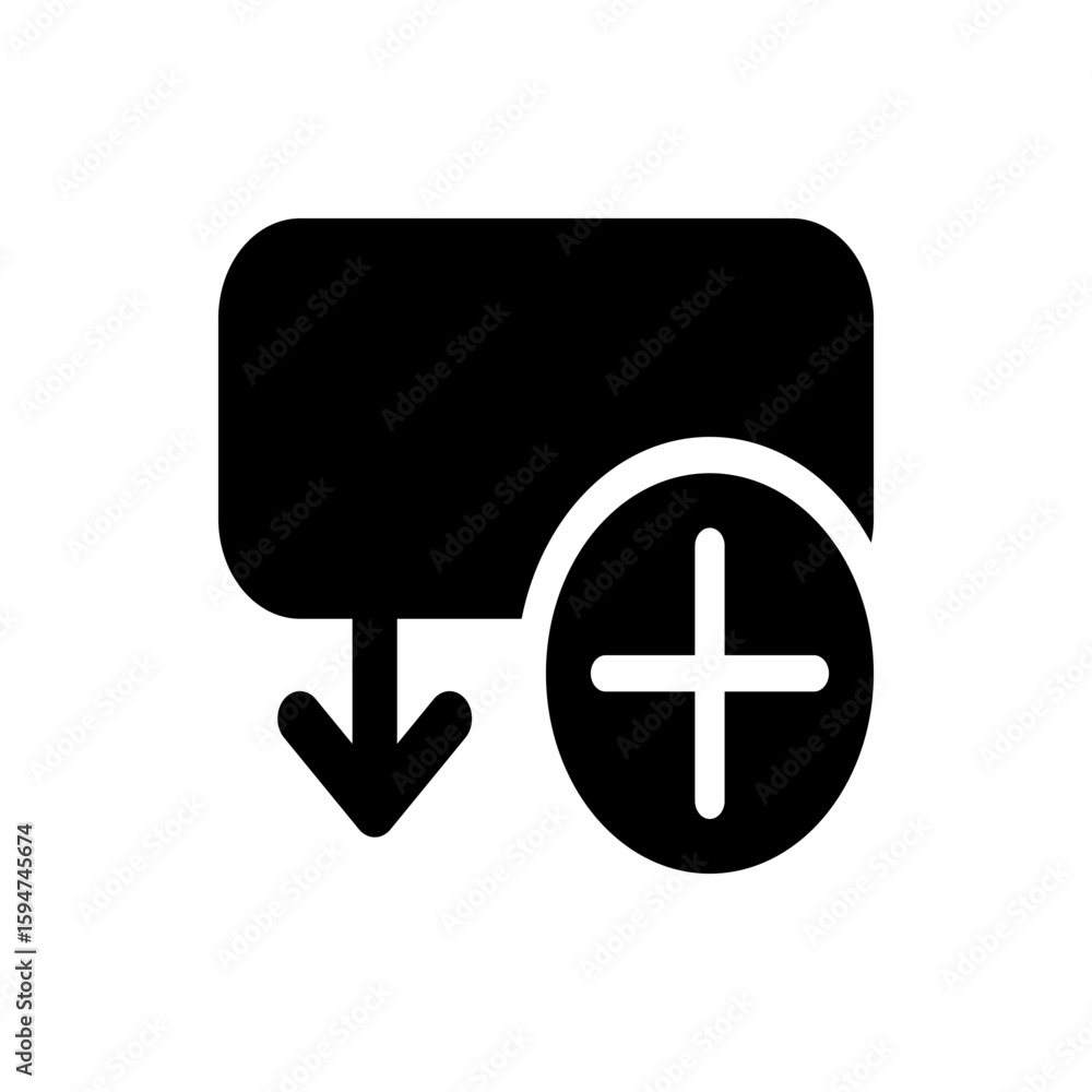 Aufkleber black rounded rectangle with a downward arrow and a plus sign in a circle on a white background icon