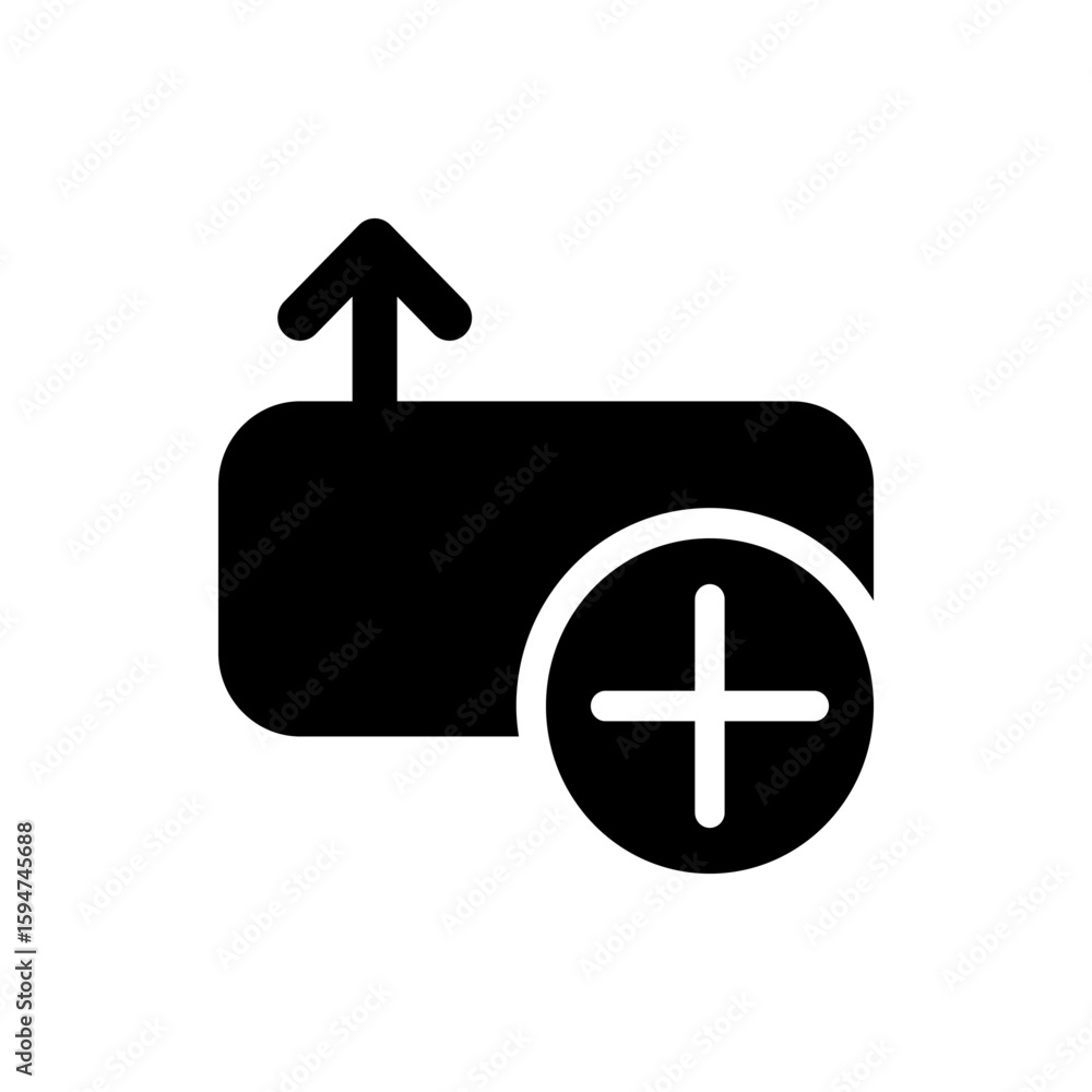 Poster black upload box with rounded corners and an upward arrow next to a plus sign in a circle shape