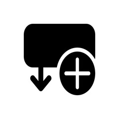 Black rounded rectangle with a downward arrow and a plus sign in a circle on a white background icon