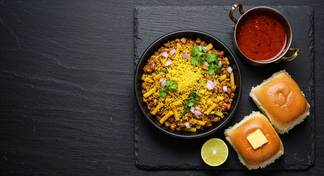 Top-down flat lay of traditional gourmet Misal Pav with spicy gravy, buttered buns, and fresh garnish on a dark slate platter