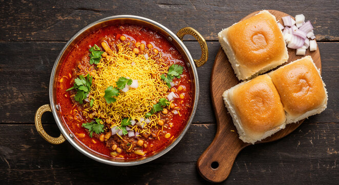 Flat lay of a traditional Indian meal, spicy Misal Pav curry, served in a brass kadai with soft pav bread rolls on a rustic wooden board