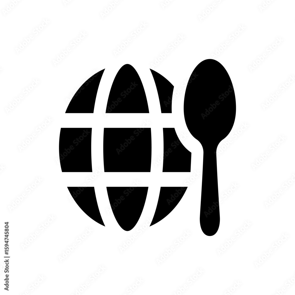 Poster black and white illustration of a globe with grid lines and a spoon to the right side of the globe i